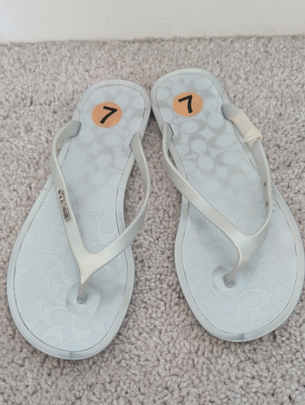Coach Silver Logo Pattern Flip Flop Sandals - Women's Size 7